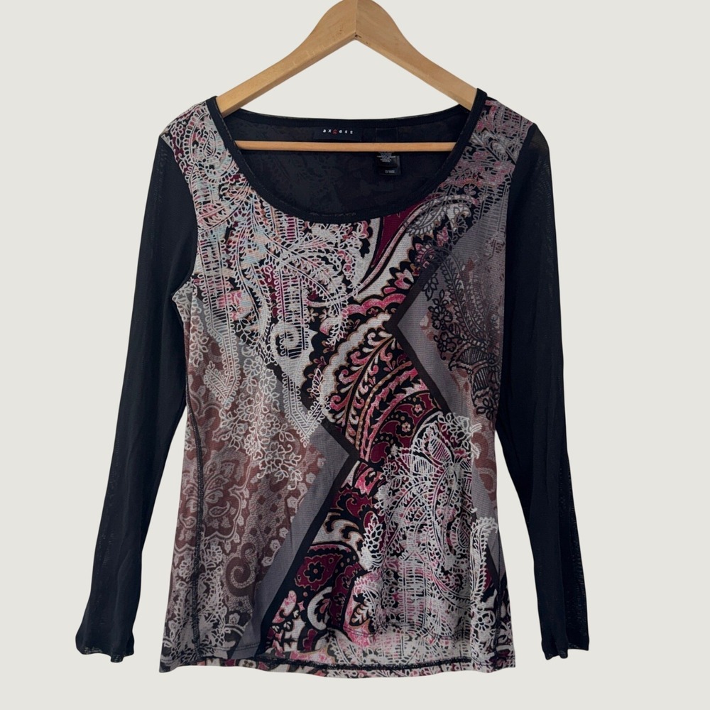 Axcess Mesh‎ Paisley Long Sleeve Top Size M Black Magenta Boho Y2K Whimsygoth